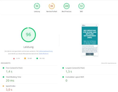 Darstellung der optimierten Core Web Vitals Lighthouse Daten